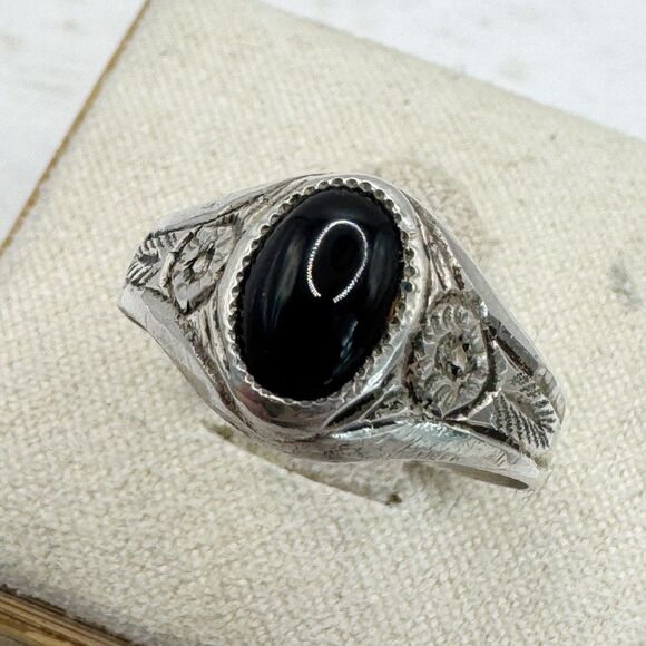 Antique Art Deco Sterling Silver Ring Etched Orange Blossoms Black Cabochon 7.5 - Picture 1 of 10